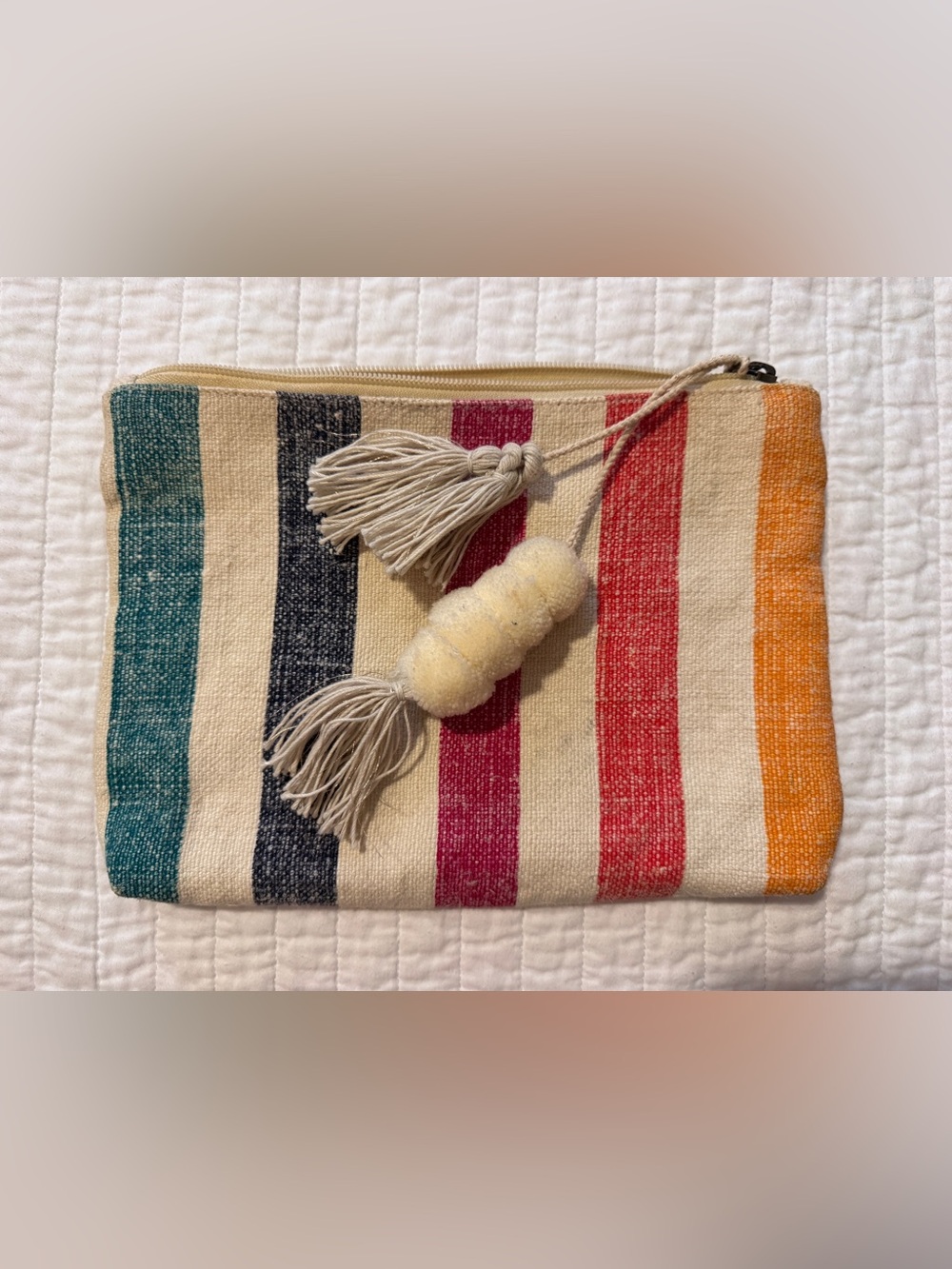 Handwoven Tassel Zip Pouch in Cream with Red and Navy Stripes